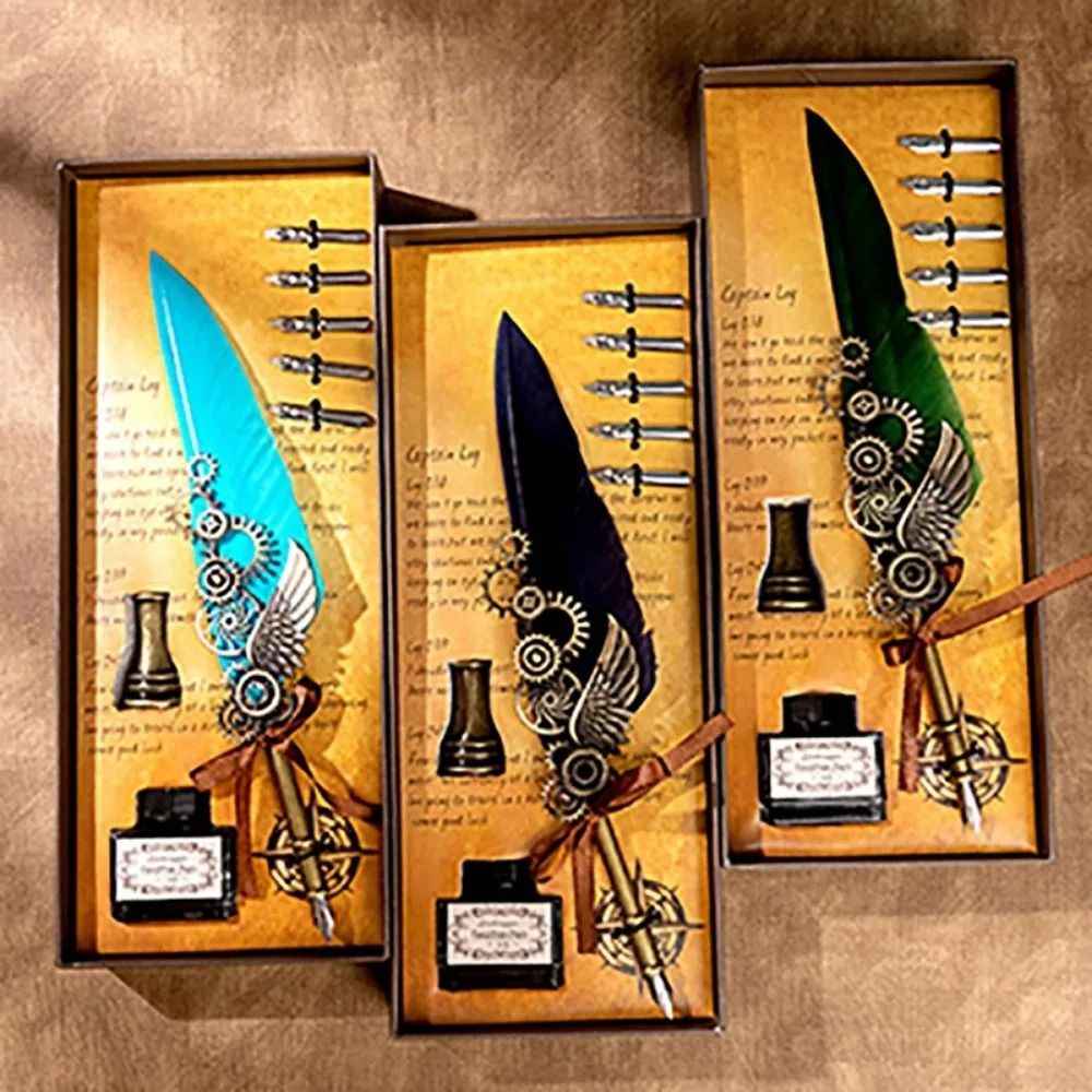 Antique Feather Dip Pen Calligraphy Quill Pen Set with Mecha | Inspire ...