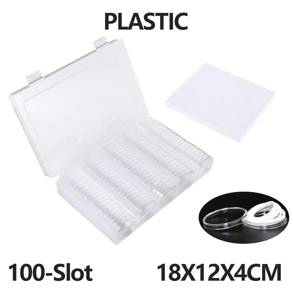 100 Piece Clear Coin Capsule Storage Box Set with Adjustable Pads