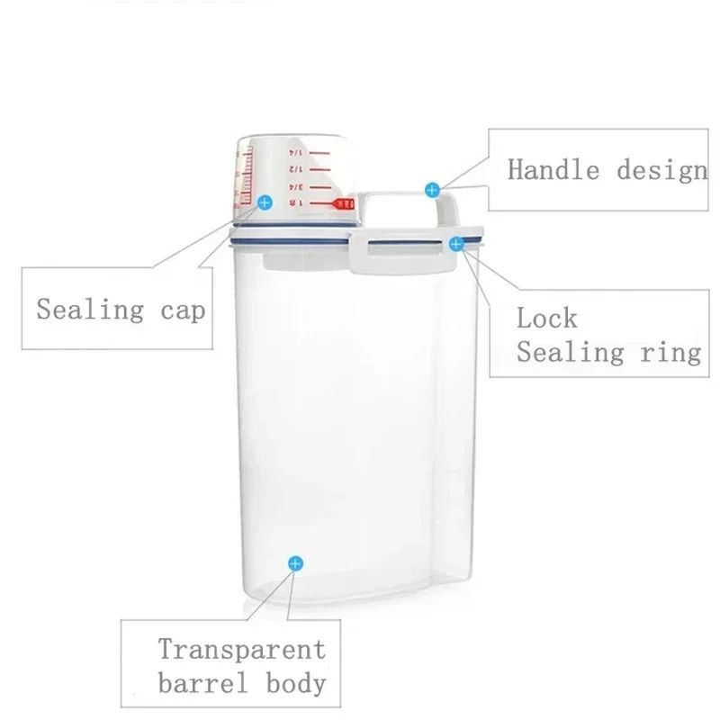 2KG Transparent Airtight Rice Storage Bucket with Measuring Cup