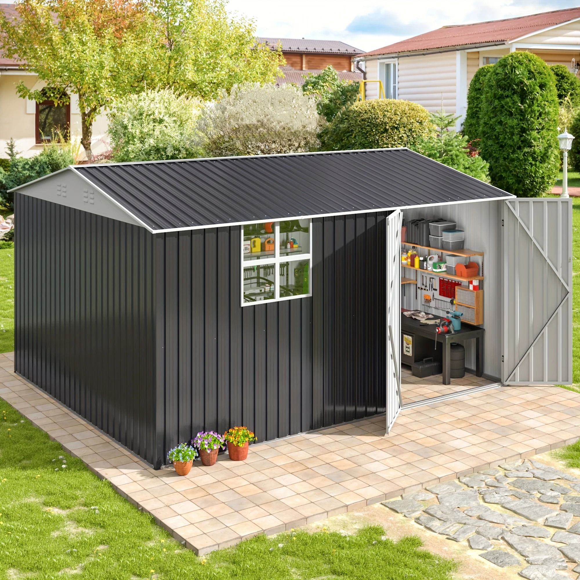 Polar Aurora 10x12 Outdoor Metal Storage Shed with Windows