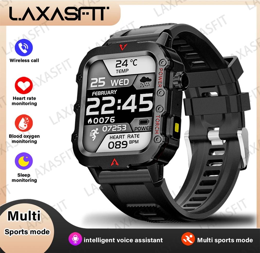 LAXASFIT Mens Smart Watch with LED Flashlight and Health Monitoring