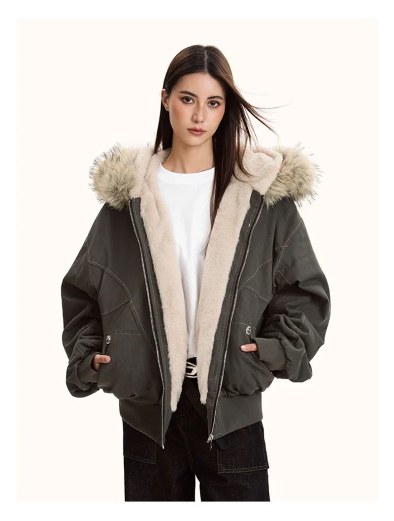 ZAROY Y2K Gothic Fur Hooded Parka Thicken Winter Streetwear Jacket
