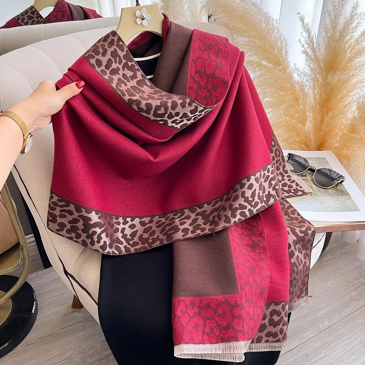 Luxury Cashmere Plaid Scarf Thick Leopard Pashmina Shawl Warm Winter Blanket Wrap for Women