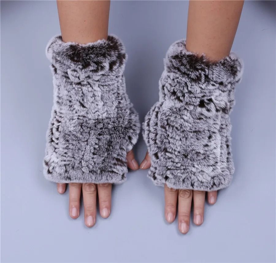 Luxury Rex Rabbit Fur Fingerless Gloves Fluffy Womens Winter Wrist Warmers
