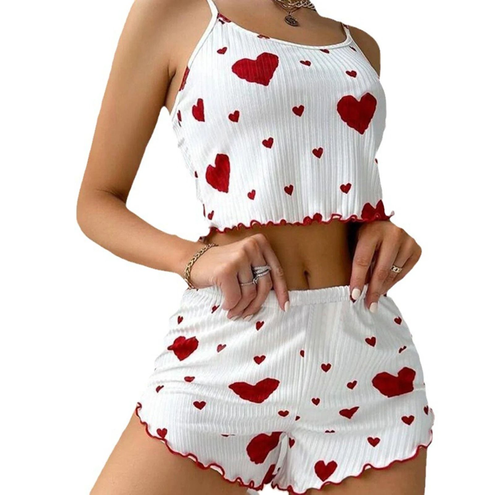 Womens Summer Pajama Set Heart Print Camisole and Shorts Sleepwear Two Piece Lounge Set