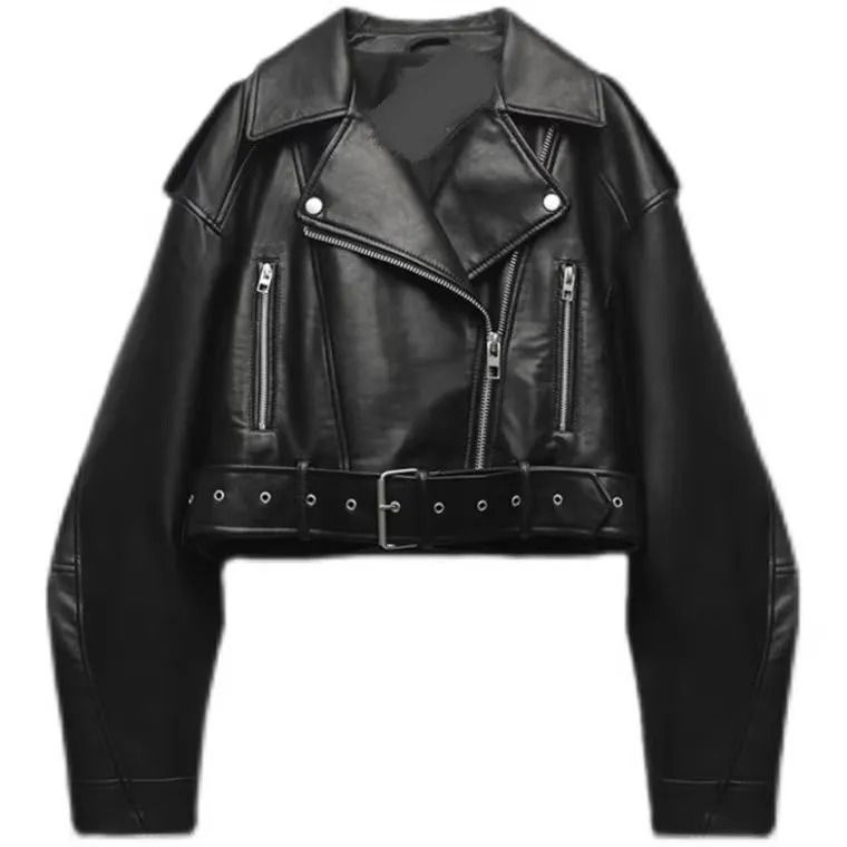 BBWM Oversized Faux Leather Biker Jacket Vintage Moto Style Belted Short Jacket for Women