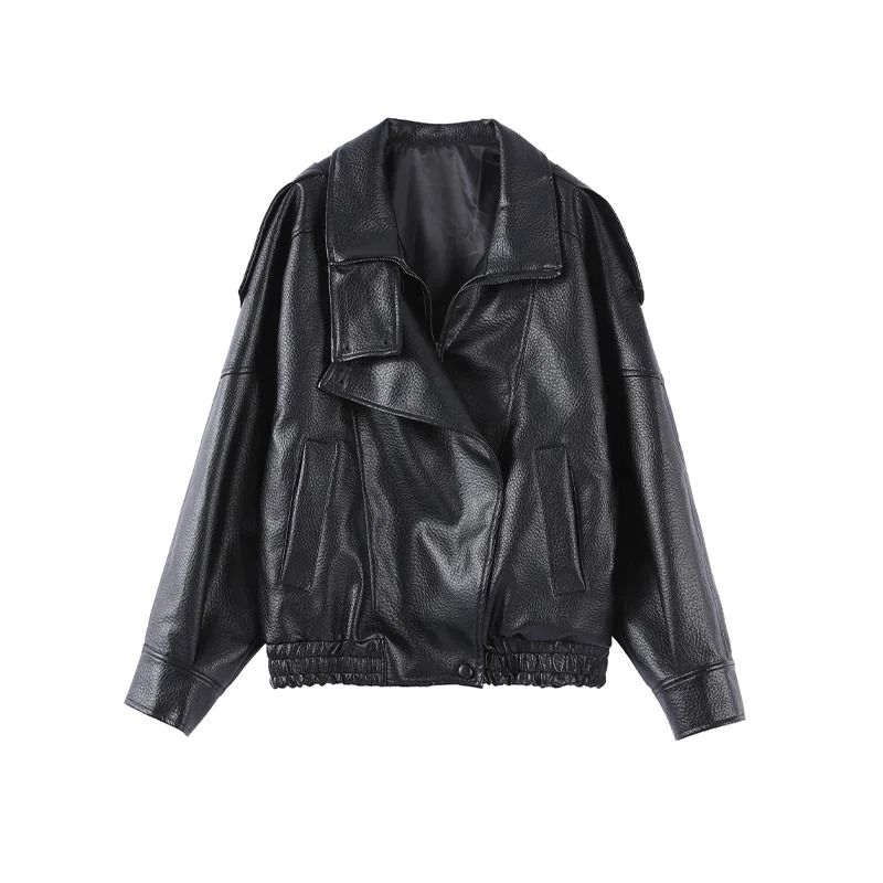 Womens PU Leather Jacket Stand Collar Asymmetric Button Casual Black Biker Jacket
