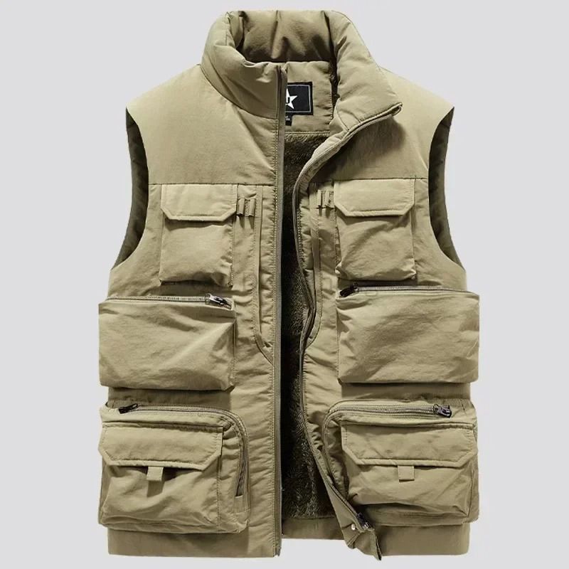 Mens Fleece Work Vest Windproof Multi Pocket Sleeveless Utility Jacket
