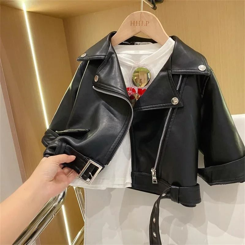 Kids Boys PU Leather Jacket Classic Zipper Motorcycle Style Coat