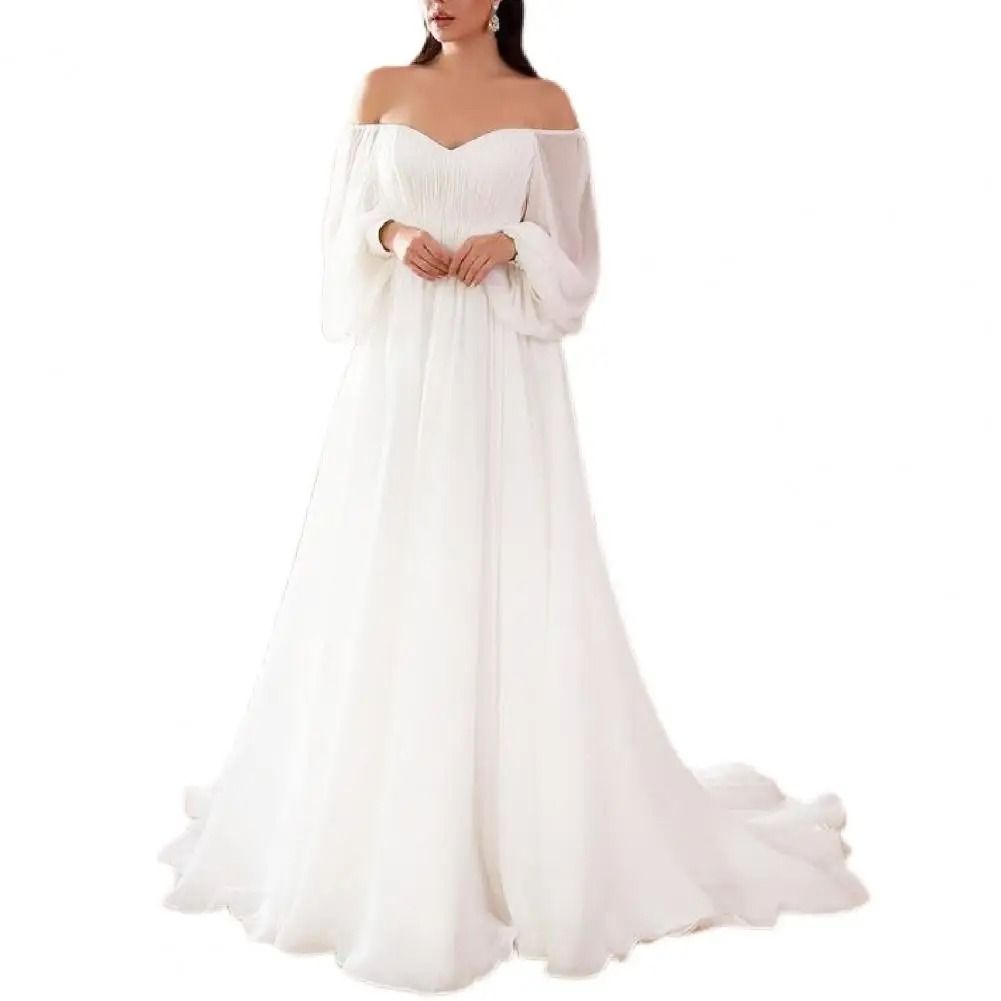 Elegant Off Shoulder Lace Maxi Dress Womens White Evening Gown Long Sleeve Party Dress