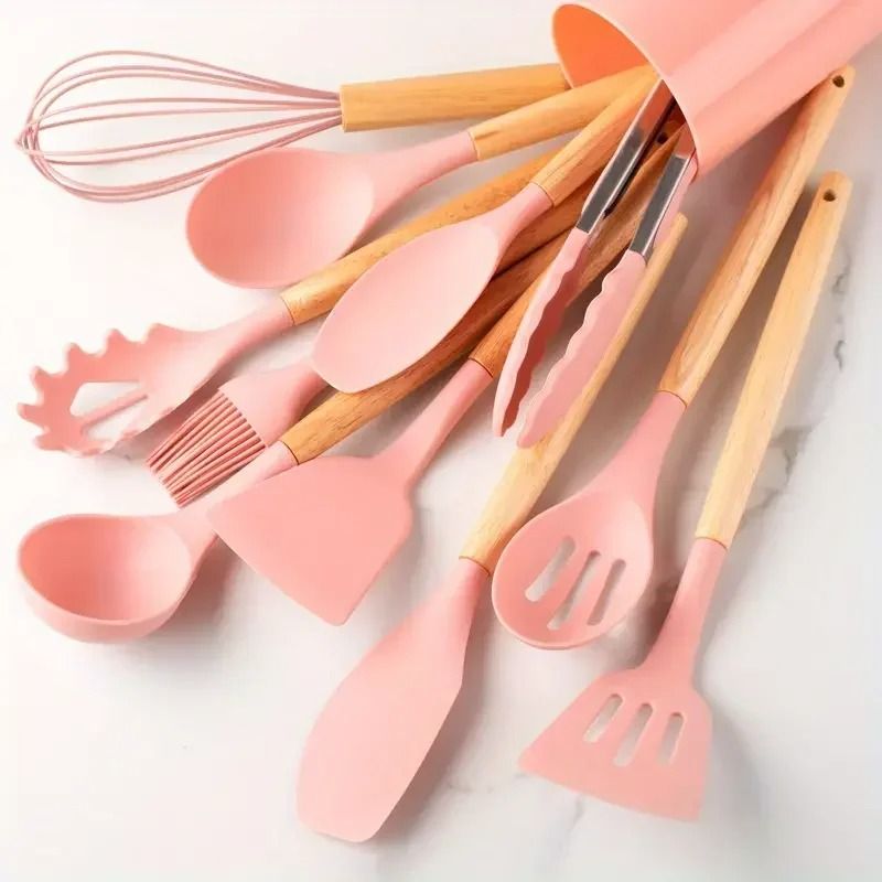 12 Piece Silicone Kitchen Utensils Set Non Stick Cooking Tools with Wooden Handles