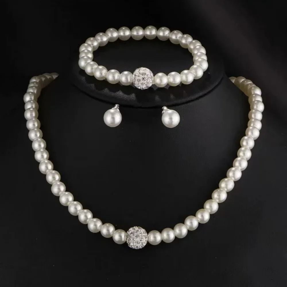 Elegant Pearl Bridal Jewelry Set Necklace Bracelet Earrings Crystal Accent
