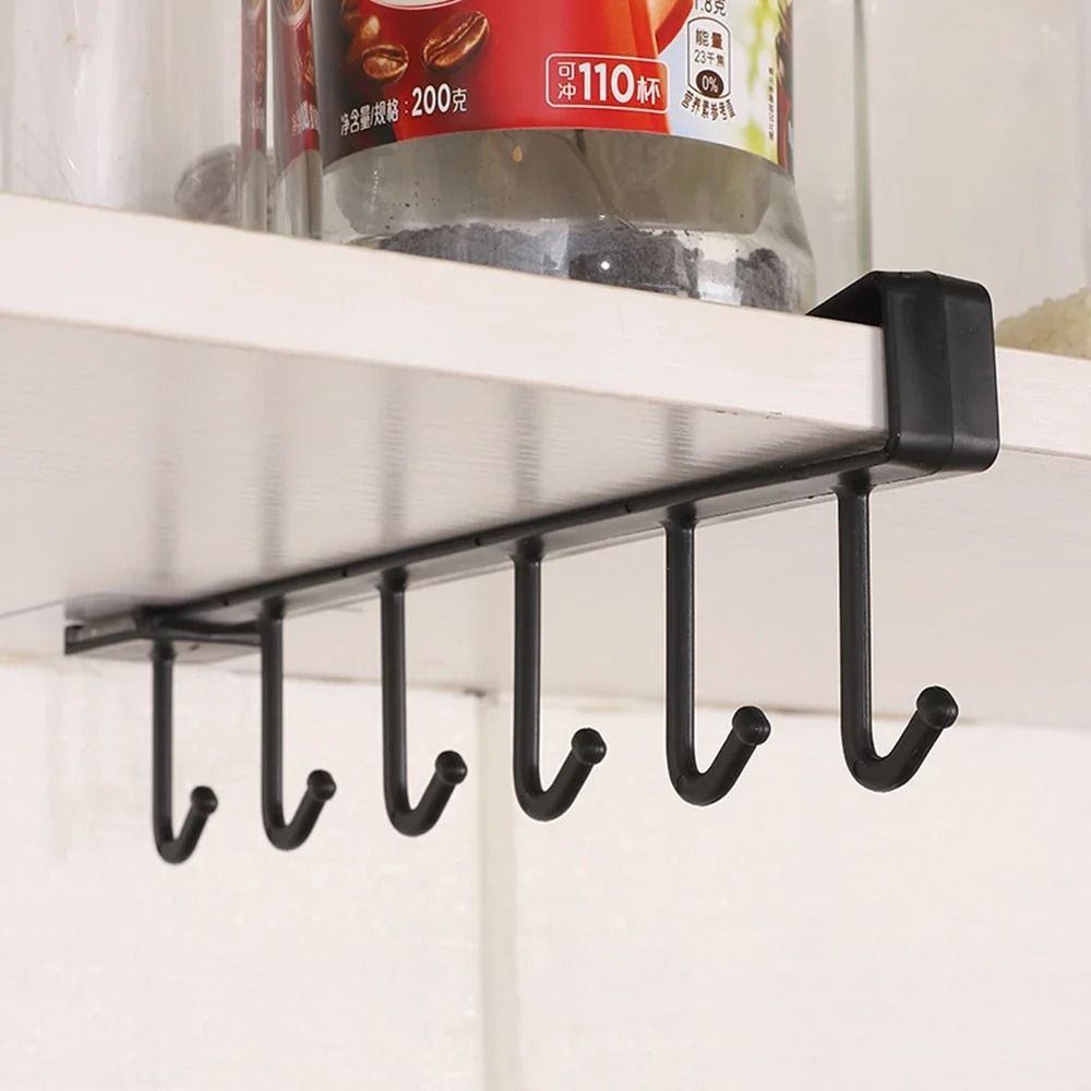6 Hook Under Cabinet Coffee Cup Holder Rack Space Saving Hanging Mug Organizer