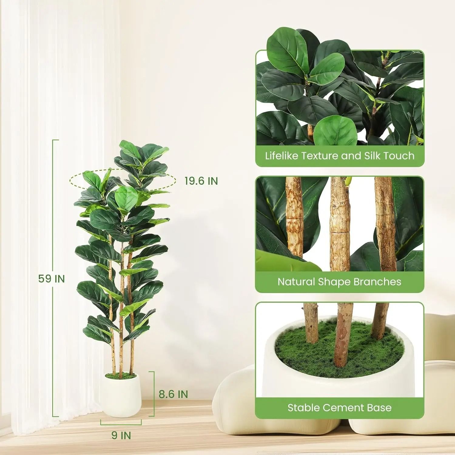 Artificial Fiddle Leaf Fig Tree Large Faux Indoor Plant Decor with Pot