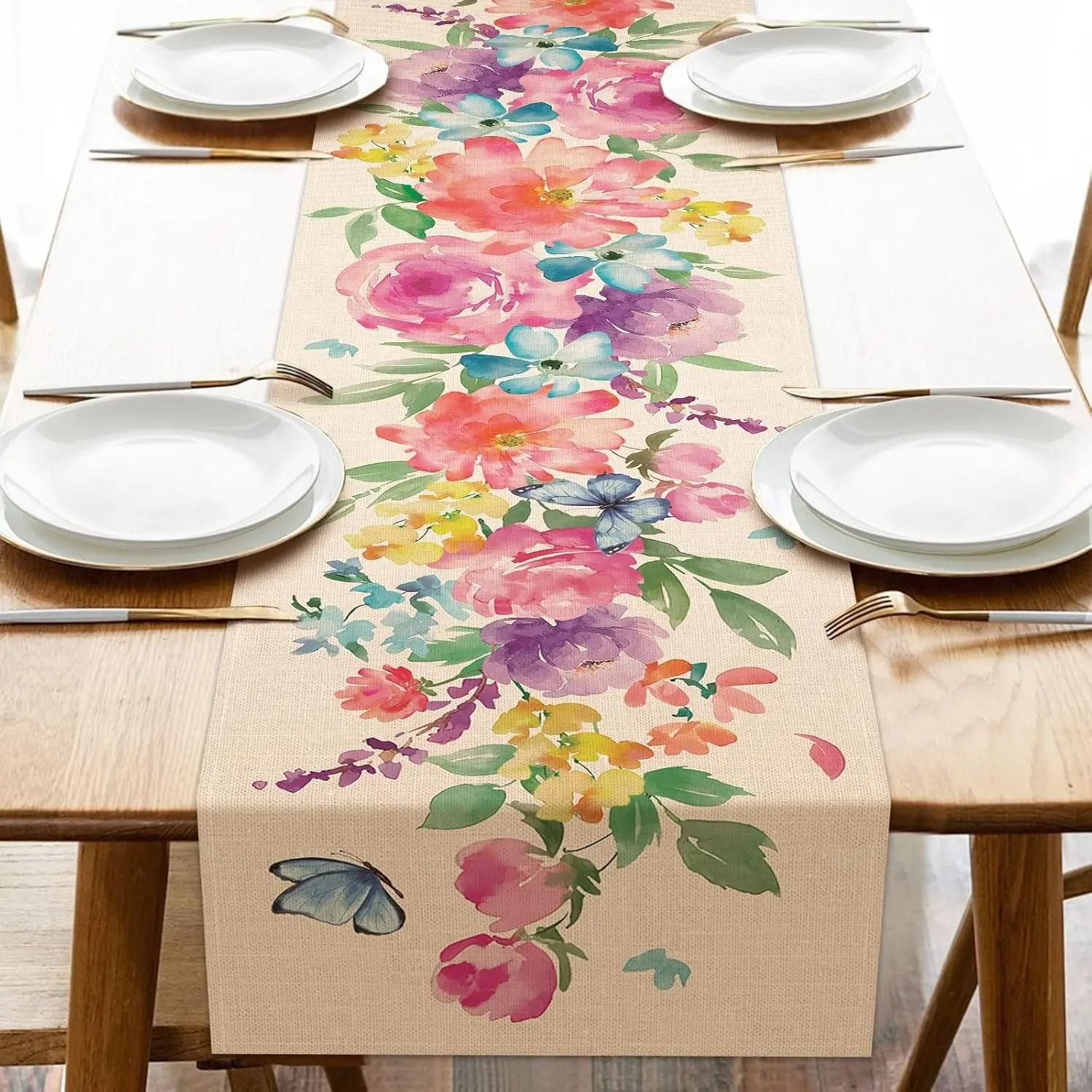 Spring Floral Butterfly Linen Table Runner for Dining and Wedding Decor