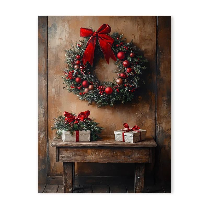 Vintage Red Truck Christmas Canvas Nordic Winter Snow Scene Wall Art Decor
