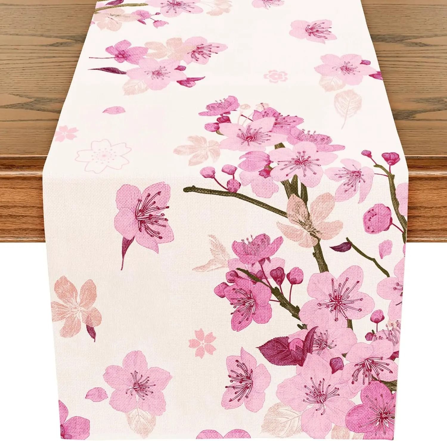 Cherry Blossom Linen Table Runner Spring Farmhouse Wedding Dining Table Decor
