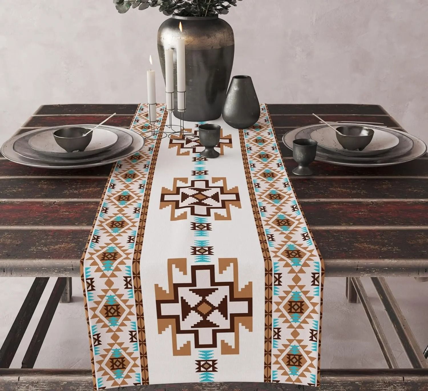 Boho Aztec Linen Table Runner Geometric Tribal Dining Table Decor
