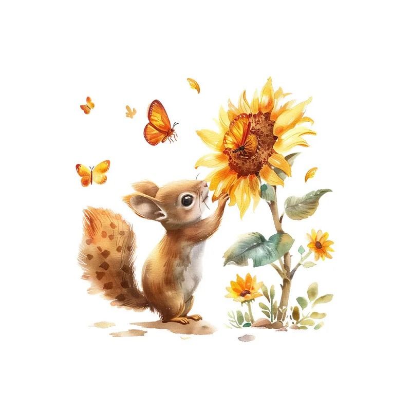Watercolor Squirrel Animal Wall Decal Rustic Window Wall Sticker with Sunflower Design
