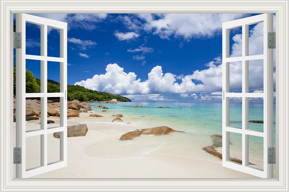 3D Beach Window Wall Sticker Ocean View Self Adhesive Wall Mural Decor