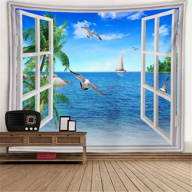 Window Scenery Wall Tapestry Nature View Mural Background Decor