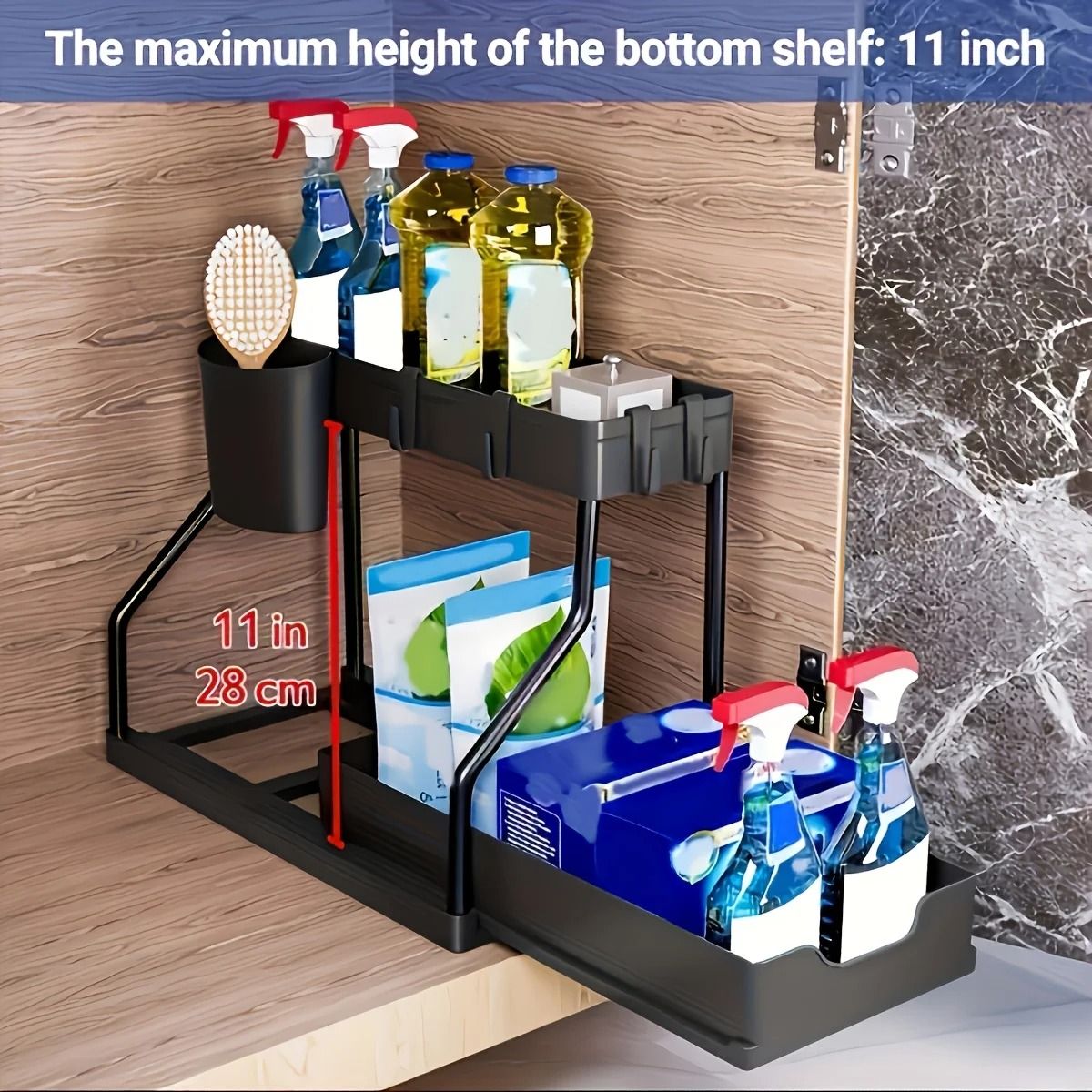2 Tier Pull Out Under Sink Organizer Sliding Storage Drawer for Kitchen and Bathroom