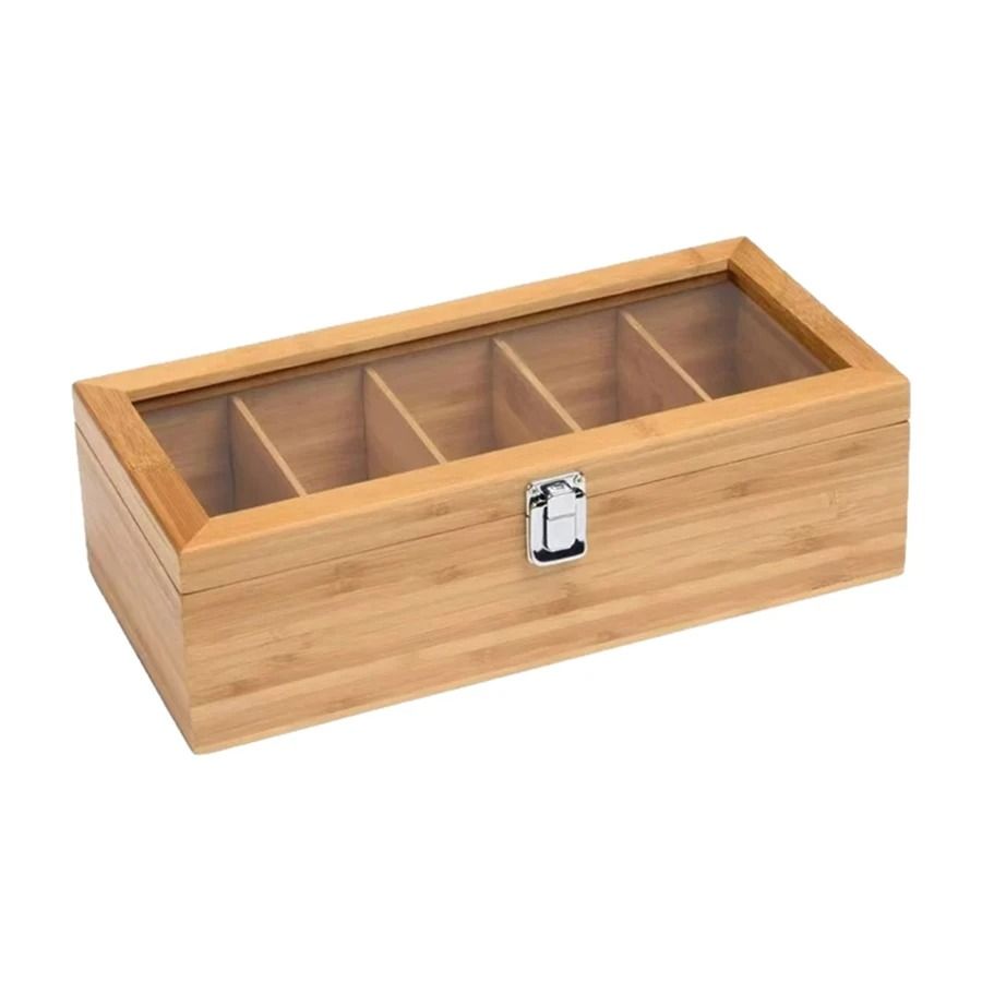 Bamboo Tea Bag Storage Box with 5 Compartments Portable Tea Organizer