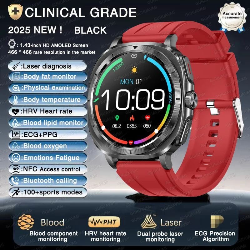 Advanced ECG Health Smartwatch with Blood Pressure Tracking Body Analysis and NFC