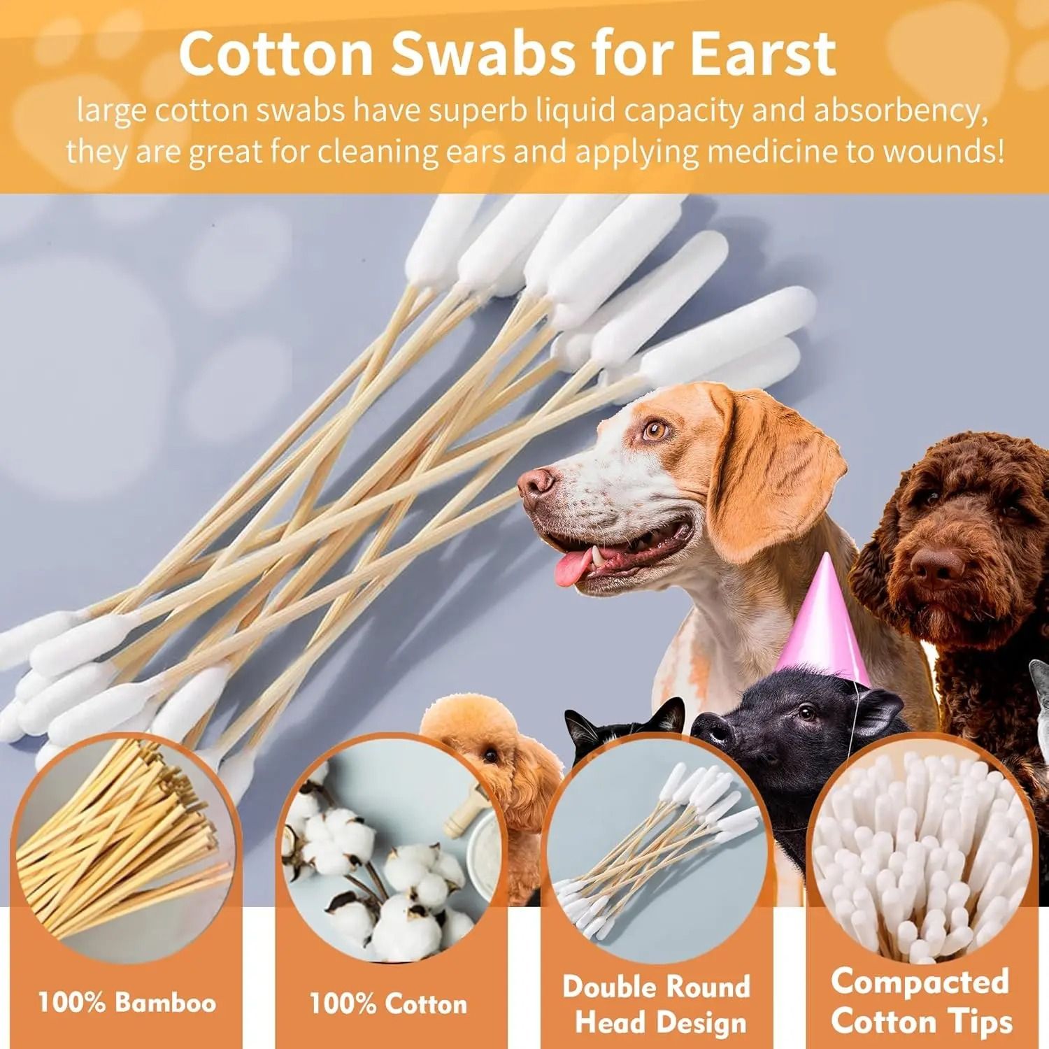 CleanPaws Bamboo Pet Ear Cleaning Cotton Swabs for Dogs and Cats