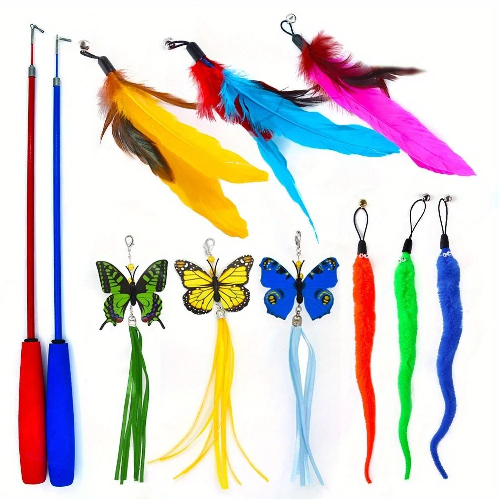 Interactive Feather Cat Wand Toy Set 11 Pack Kitten Teaser Toys with Bells