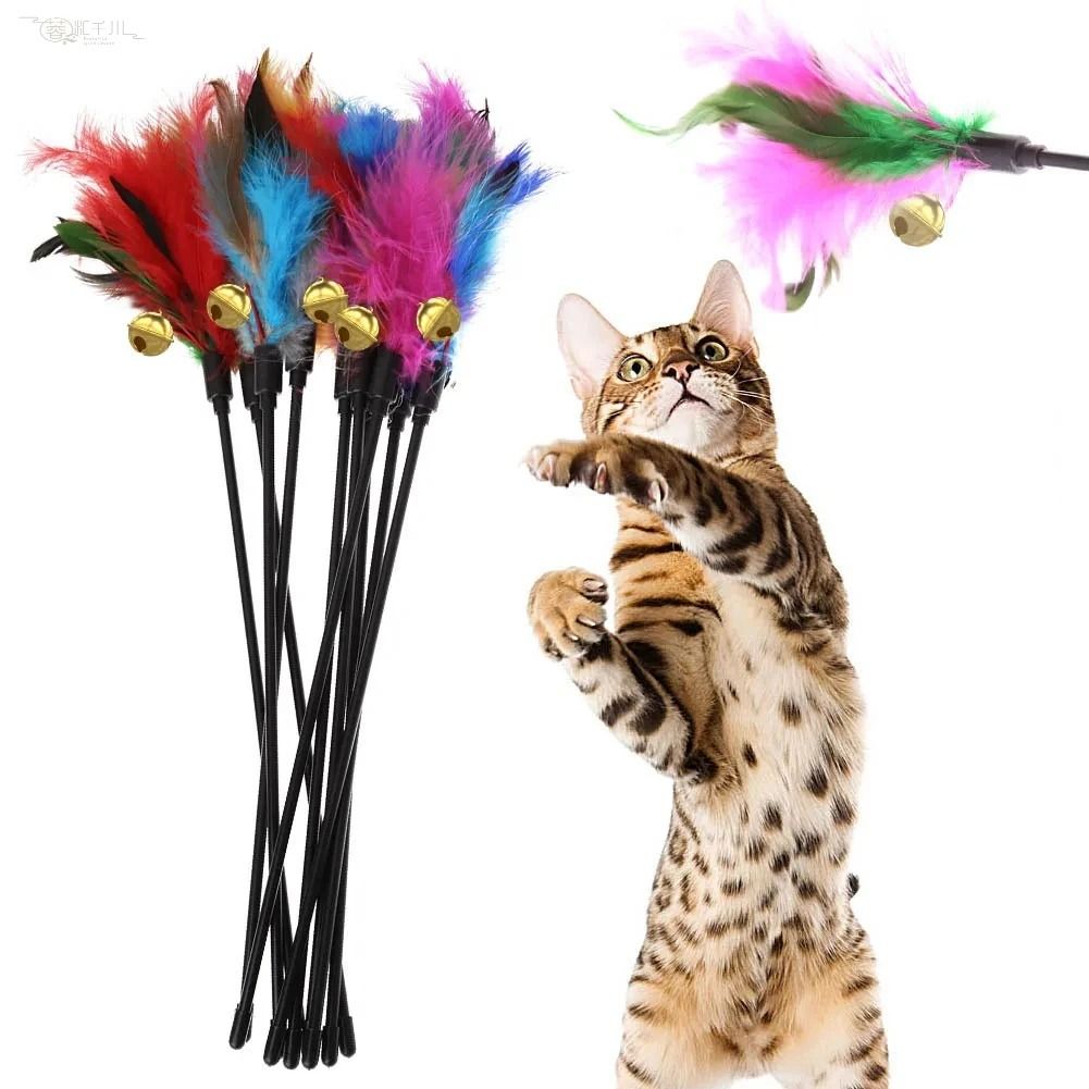 Interactive Feather Cat Wand Toy Set with Bells 5 Piece Kitten Teaser Toys