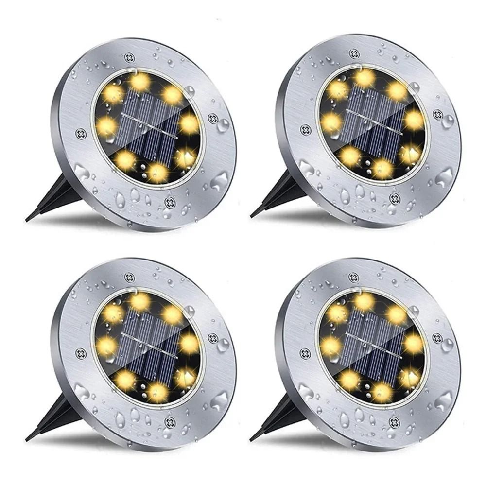 Solar Disk Garden Lights 8LED Waterproof Ground Deck Pathway Lamps Set of Four