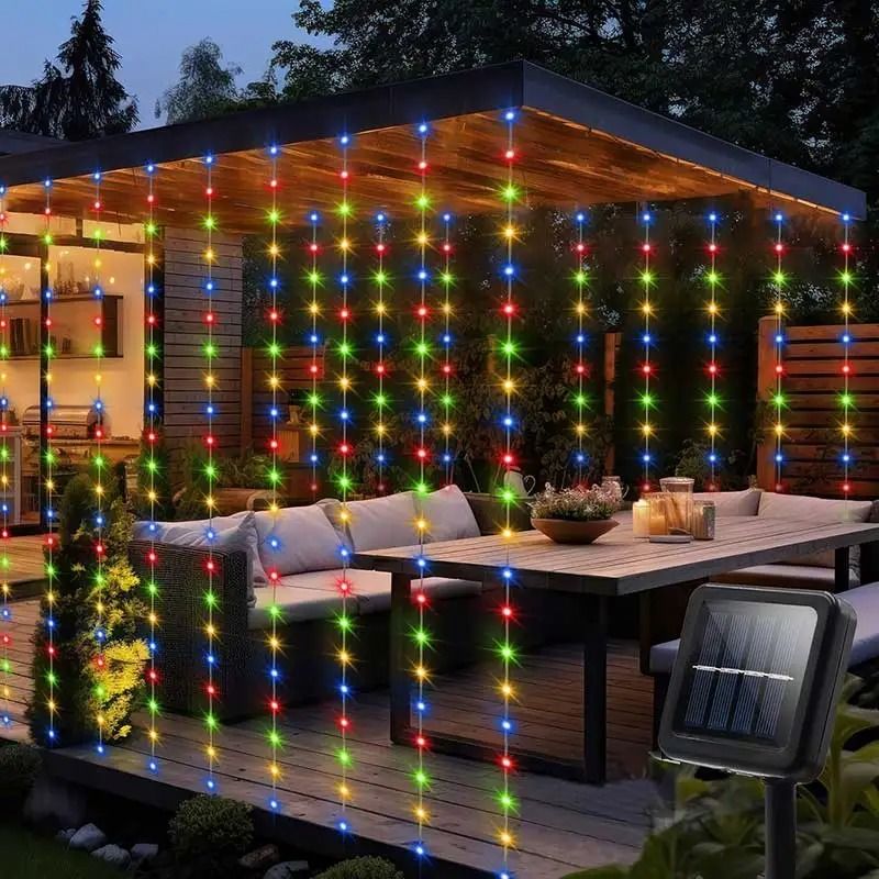 Solar Curtain String Lights 300 LED Waterproof Outdoor Fairy Garland for Yard Decor