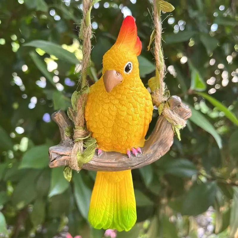 Cute Hanging Parrot Resin Swing Statue for Garden Patio and Courtyard Decor