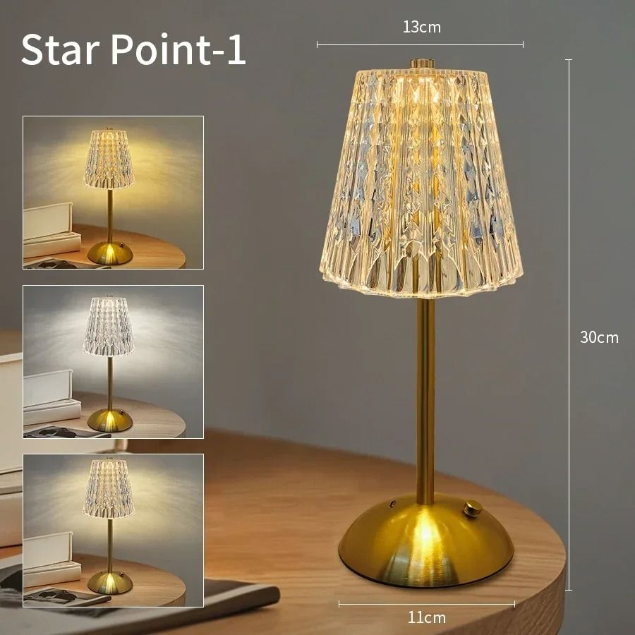 Rechargeable Crystal Touch Table Lamp with Dimmable Cordless Ambient Bedside Lighting