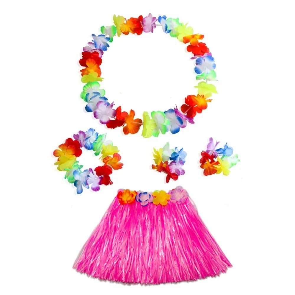 Colorful Kids Hawaiian Luau Costume Set with Grass Skirt Party Accessories
