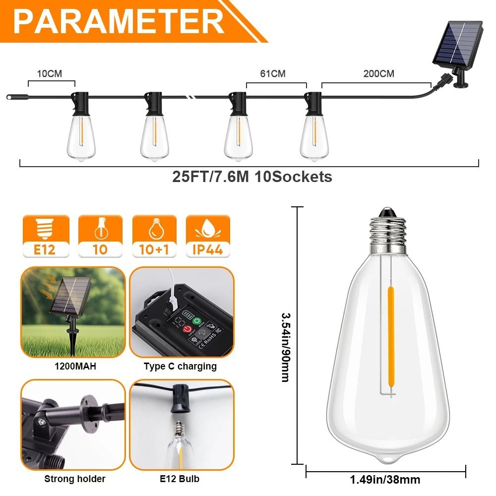 Solar ST38 Bistro String Lights Create Dimmable Shatterproof Outdoor Ambience Anywhere