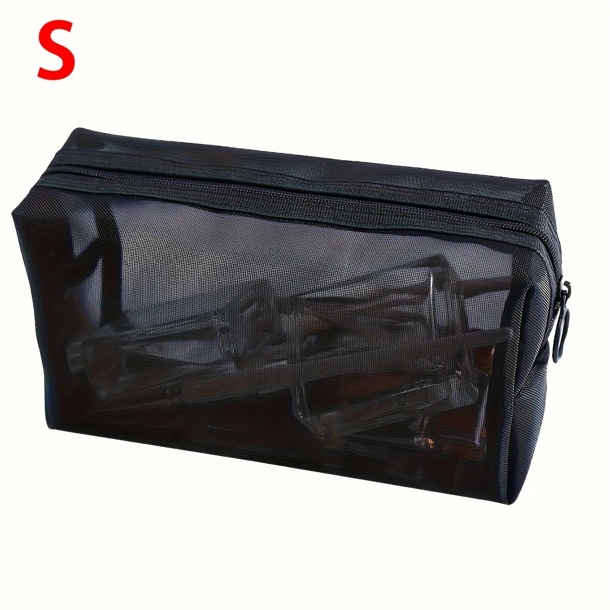 Black Mesh Travel Makeup Bag with Zippered Portable Storage