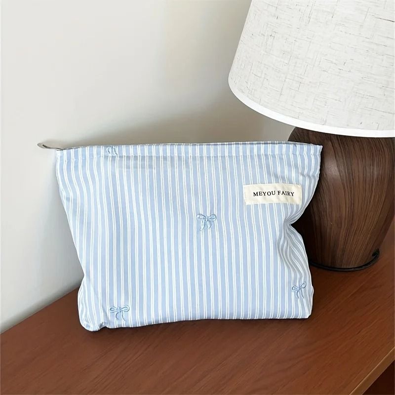 Light Blue Striped Bow Travel Makeup Organizer Bag