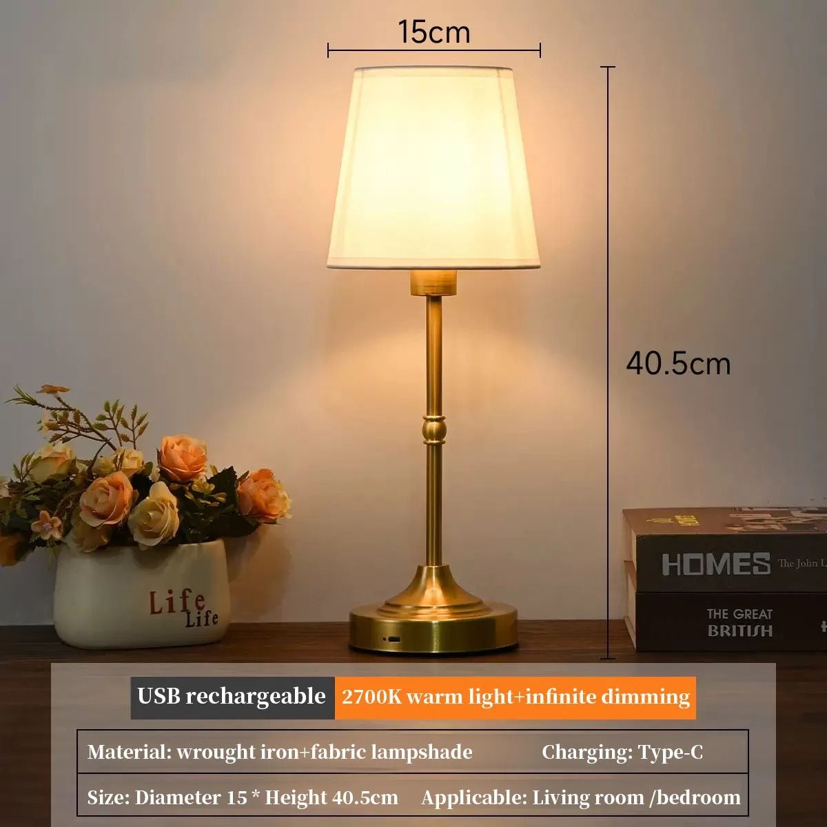 Rechargeable Cordless Touch Table Lamp 3 Level Dimmable Bedside Light