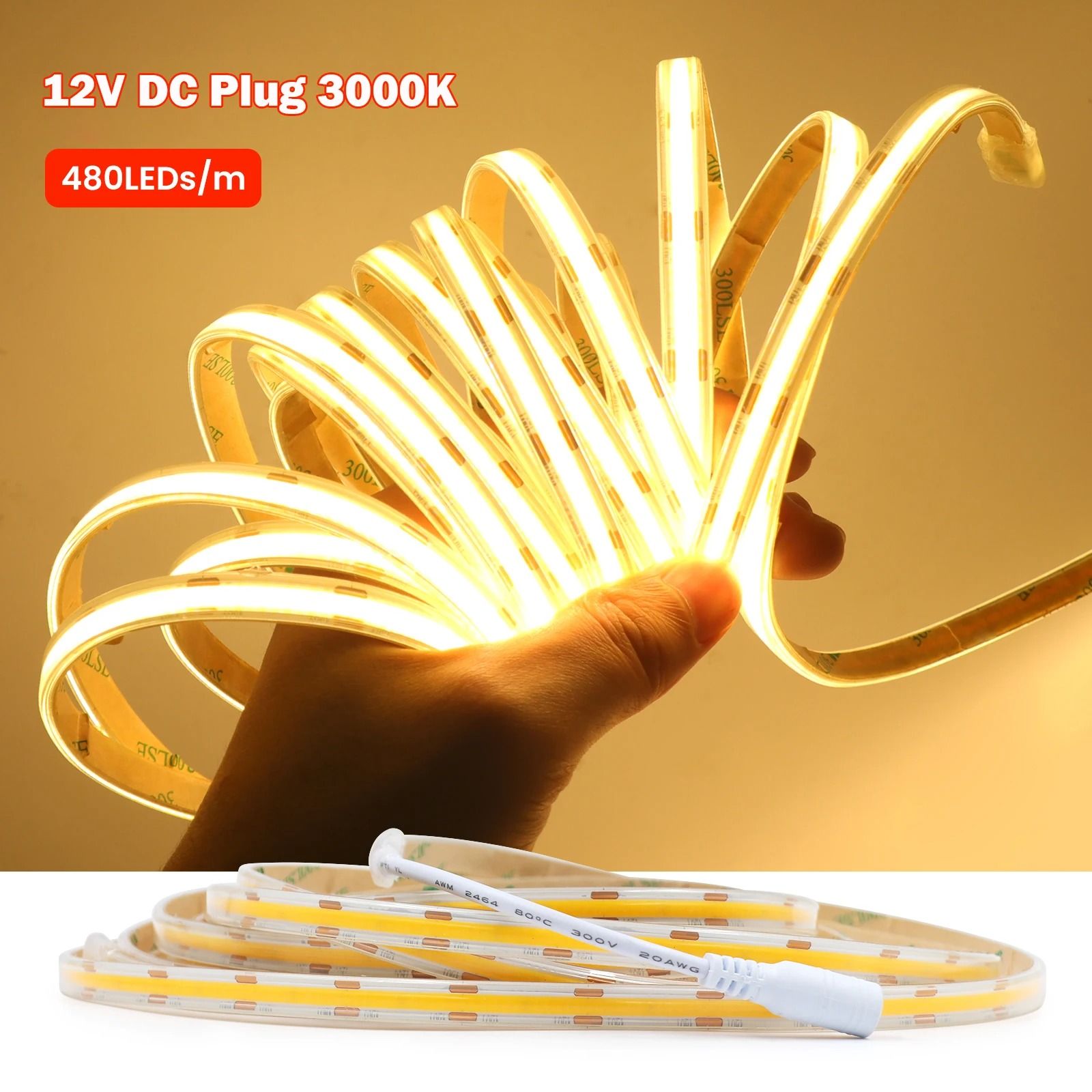 IP67 Waterproof COB LED Strip Light 480LED/m 12V 24V Dimmable Tape