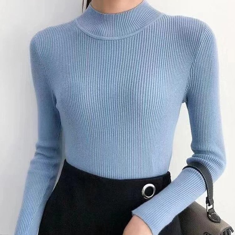 Womens Mock Neck Knit Sweater Slim Solid Pullover for Autumn and Winter