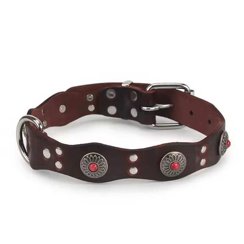 Retro Genuine Leather Beaded Flower Dog Collar for Large Dogs (Ethnic Style)