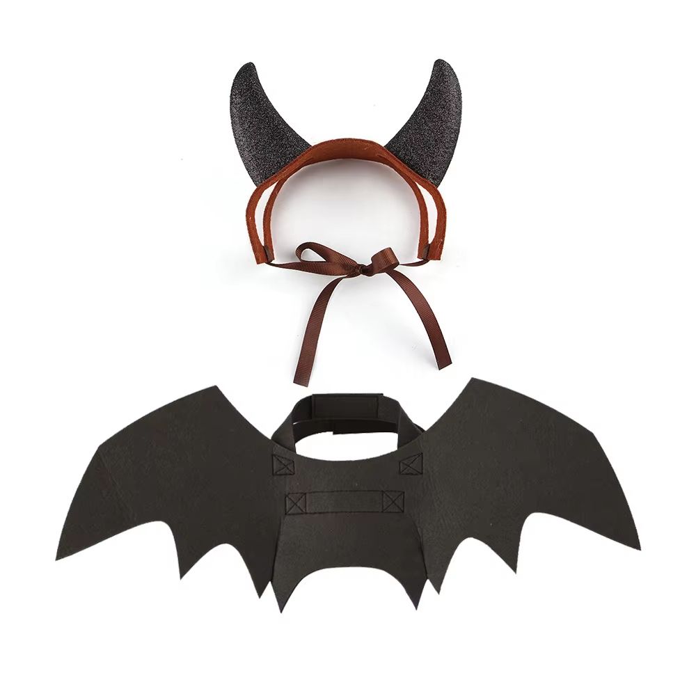 Cat Devil Costume Two-Piece Set with Bat Wings for Cats and Horn Headband