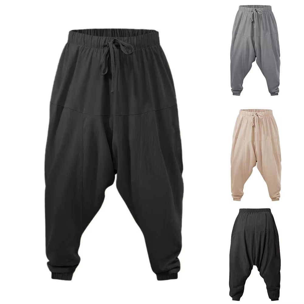 Mens Harem Pants Cotton-Linen, Drop Crotch Loose Fit Streetw