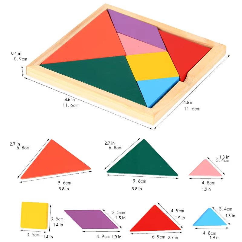 Montessori Wooden Tangram Puzzle Set Colorful 3D Russian Blocks Brain Teaser