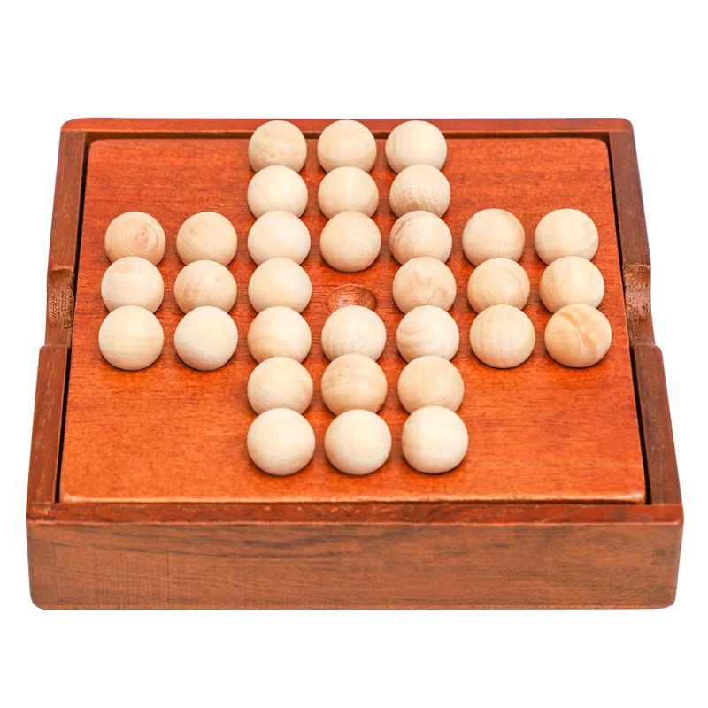Wooden Peg Solitaire Board Game, Single-Player Diamond Puzzle for Focus & Logic