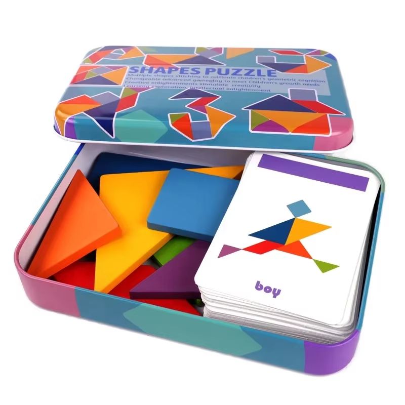 Colorful Wooden Tangram Puzzle in Tin Box, Montessori Shape | Inspire ...
