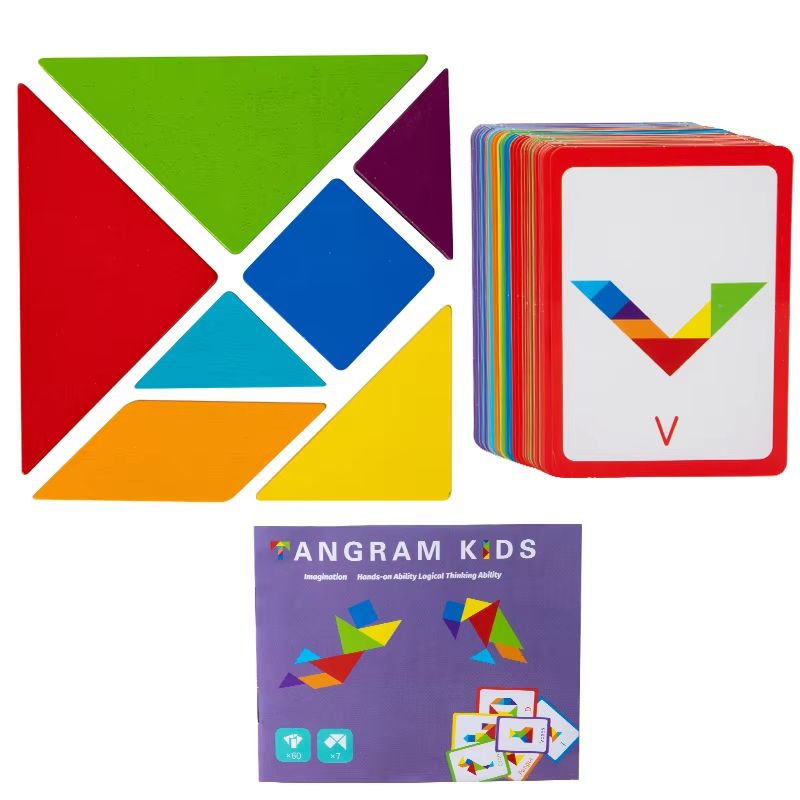 3D Wooden Tangram Puzzle Set - Montessori Geometry Board Game for Kids
