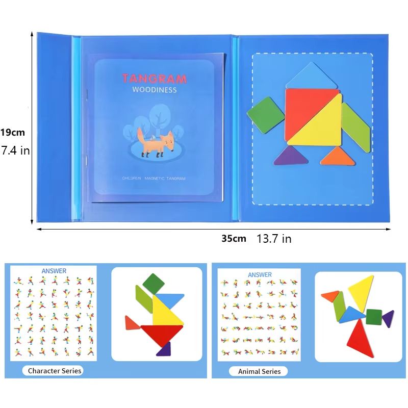 Seven Piece Wooden Tangram Set in Bright Colors for Pattern Play At Home Or in Class